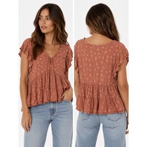 Arizona Peplum Blouse Womens XL Rust Orange Floral Lace Up Flutter Boho Top